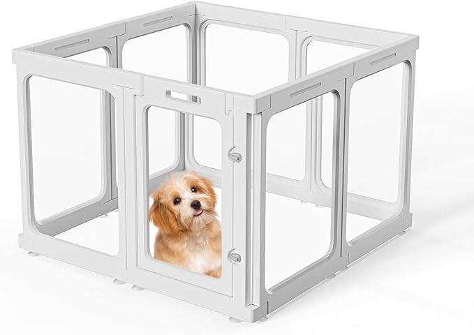 Clear Acrylic Dog Playpen with Door, for Puppy Cat Rabbit Transparent Pet Pen, Dog Playpen Indoor, Dog Fence, Easy Assemble & Cleaning Dog Pen for Small & Medium Dogs (23.6“ Height, 8PCS)