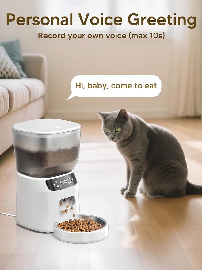 Automatic Cat Feeder and Water Fountain, 4L/16 Cups Timed Cat Dry Food Dispenser, 10s Meal Call, 20 Portions 6 Meals Per Day, 2L Cats Fountains for Drinking with Filter, Pet Feeder for Dog White