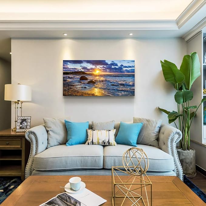 canvas wall art for living room bedroom Wall Decor blue ocean landscape painting Hang Home Decoration office bathroom kitchen sun beach sea golden Waves on the beach canvas art Prints pictures Works