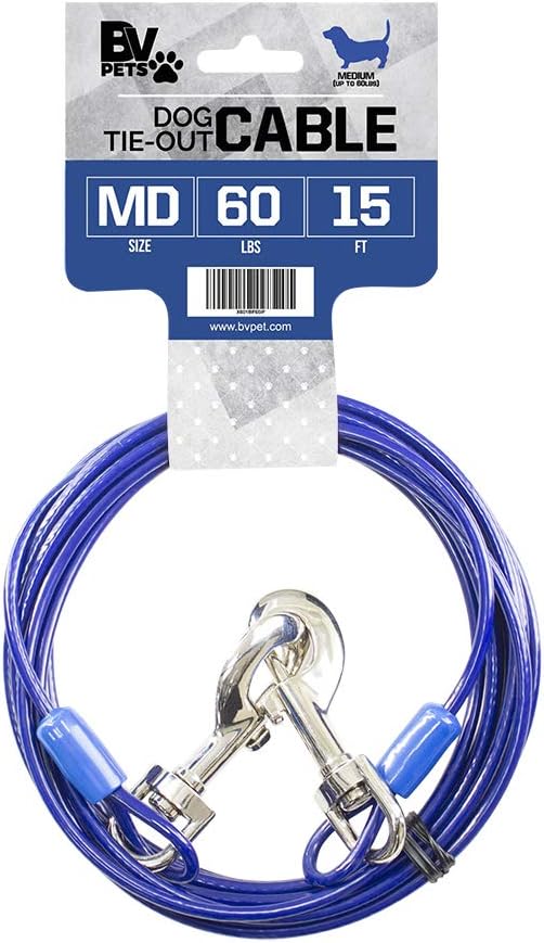 BV Dog Tie Out Cable 15 Feet - Heavy Duty Dog Lead Up to 60 Pounds - Reflective & Rust-Free with Quick Release Swivel Clips & 360° Rotating Clasp - Tangle-Free Dogs Runner for Yard (Blue, Single)