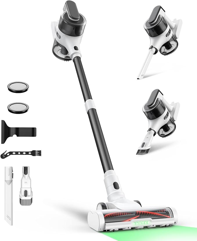 Cordless Stick Vacuum Cleaner for Home, Lightweight Rechargeable Vacuum with 55min Runtime, Powerful Suction, Green LED Headlight, 9-in-1 Pet Hair Carpet & Hardwood Floor Cleaner