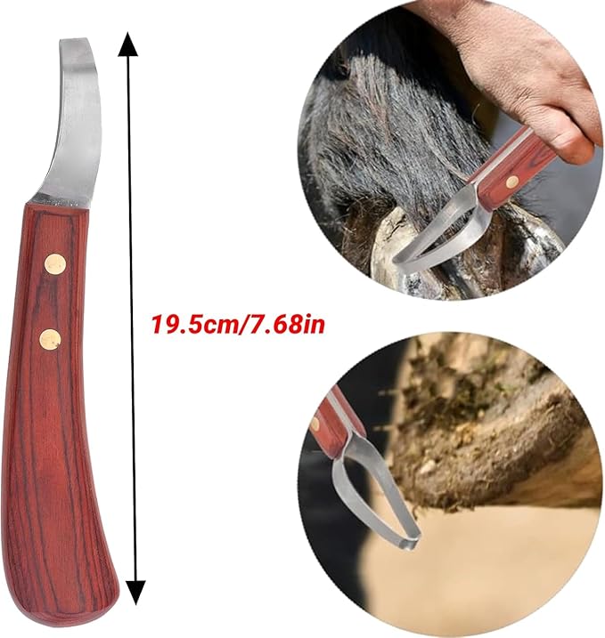CHICIRIS Hoof Knife, Double Edged Hoof Trimming Knife with Wooden Handle Horse Farrier Tool, Stainless Steel Blade, Multifunctional Cow Horseshoe Knife for Hoof of Cows and Horses