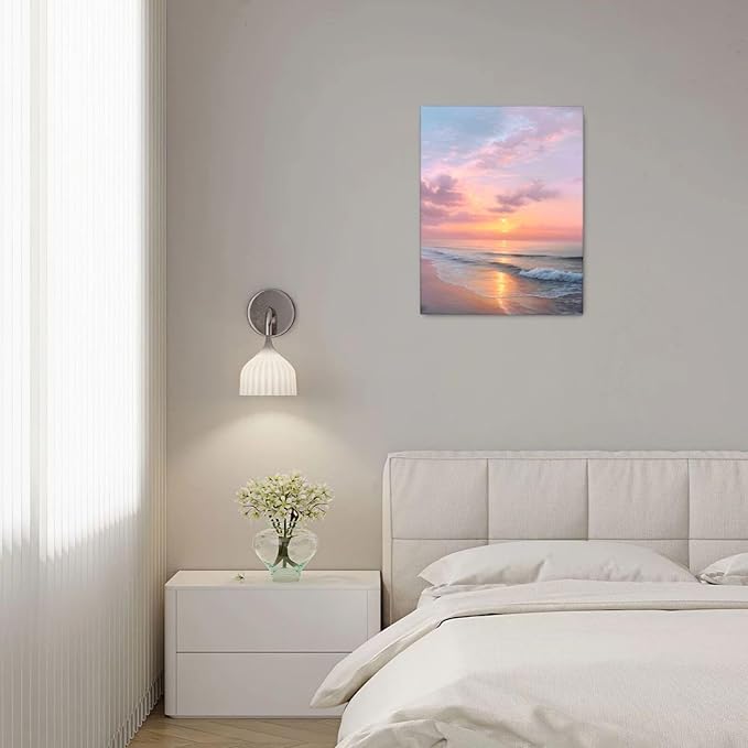 Beach Sunset Wall Art Ocean Coastal Scenery Wall Decor Seascape Picture Canvas Landscape Painting Print Framed Artwork Decorations for Living Room Office Bedroom Kitchen 16"x20"