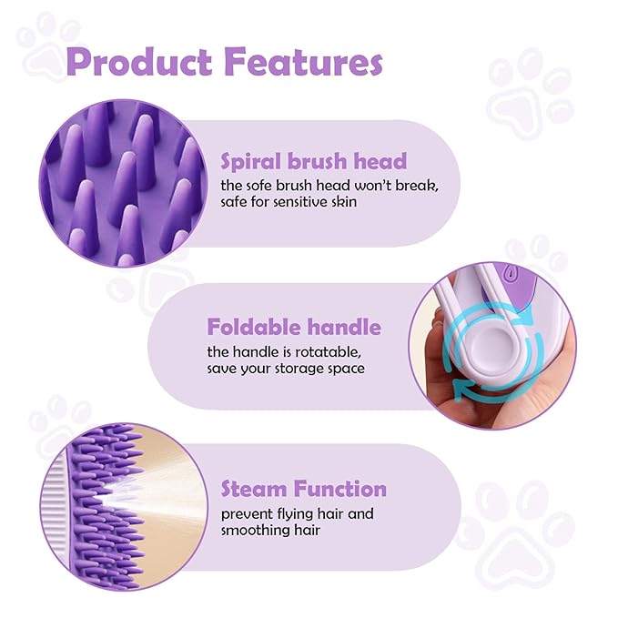 Cat Steam Brush, Rechargeable Pet Steam Grooming Brush with Collapsible Handle, Cat Brushes for Indoor Cats, Cat Water Brush, Detangling and Removing Loose Hair, includes Charging Cable