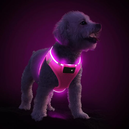 PceoTllar Light Up Dog Harness, LED No Pull Reflective Dog Harness, Flashing Lighted for Night Walking - Small/Medium, (Pink,L)