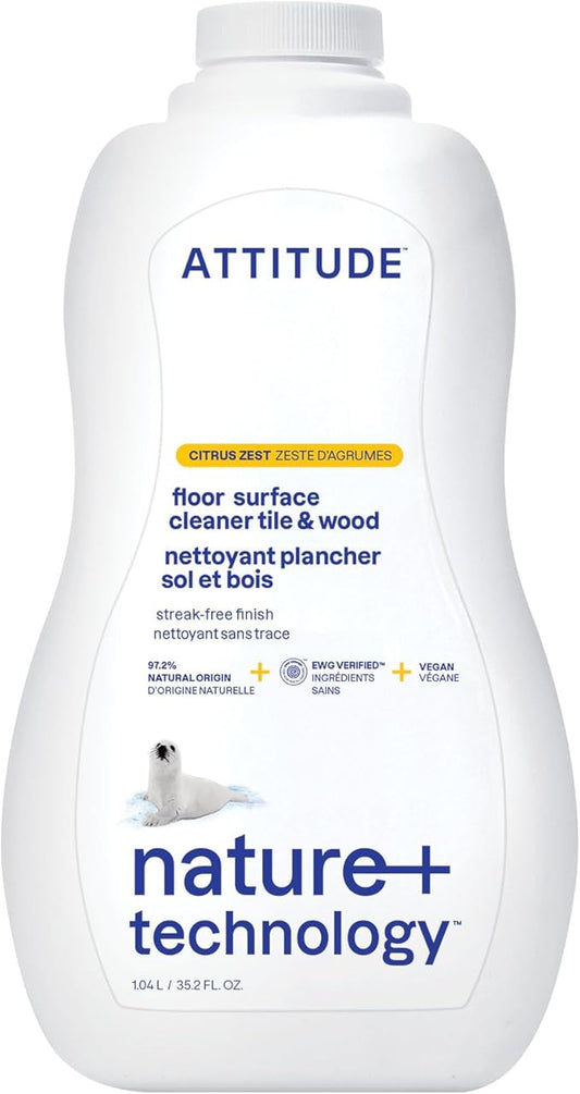 ATTITUDE Floor Cleaner, EWG Verified, Streak-Free, Vegan & Plant-Based for Tile, Wood & Laminate Floors, Citrus Zest Scent, 35.2 Fl Oz