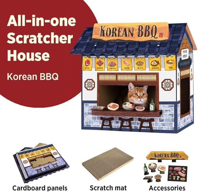 Cat Beds for Indoor Cats, Cardboard Cat House with Scratchers, Korean BBQ, Large Sturdy Cat Furniture Condo Cave Tent, Easy to Assemble Pet Toys Accessories Stuffs, Bunny Small Animals