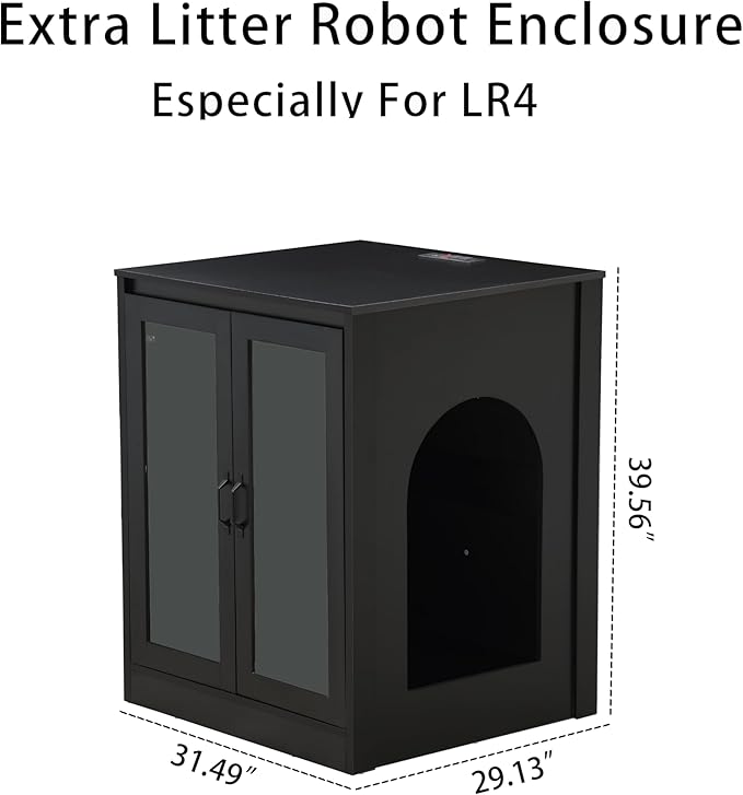 Cat Litter Robot Enclosure with Glass Cat-Observant Doors,Litter Robot Cabinet with Reversible and Optional Entry(Left or Right),Cozy LED for Cats,Power Outlet for More Choice, Black