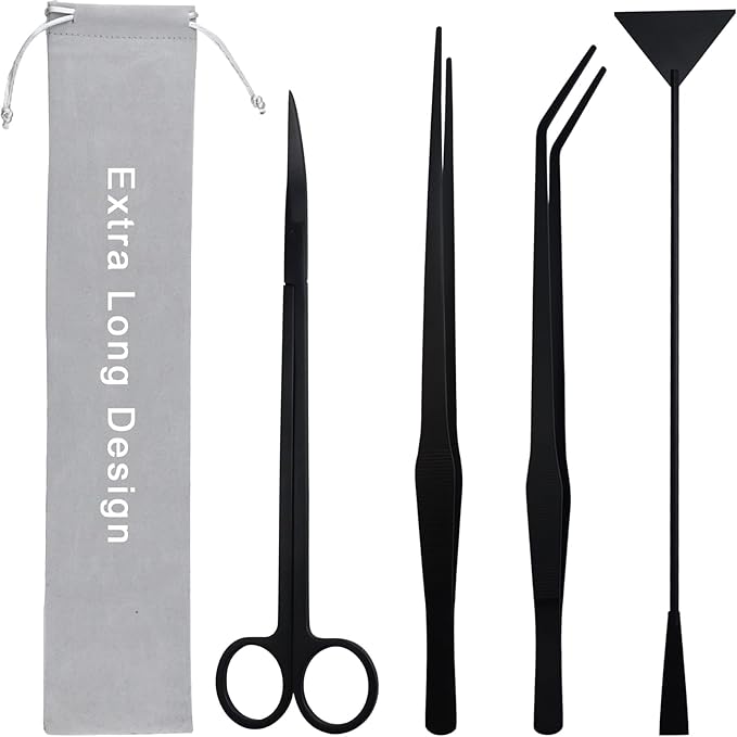 Aquarium Aquascape Tools Kit, Long 15 Inch Stainless Steel Aquatic Plants Tools, 4 in 1 Anti-Rust Black Aquascaping Tweezers Scissors Spatula Scrapers Tool Set for Fish Tank Cleaning Plant Trimming