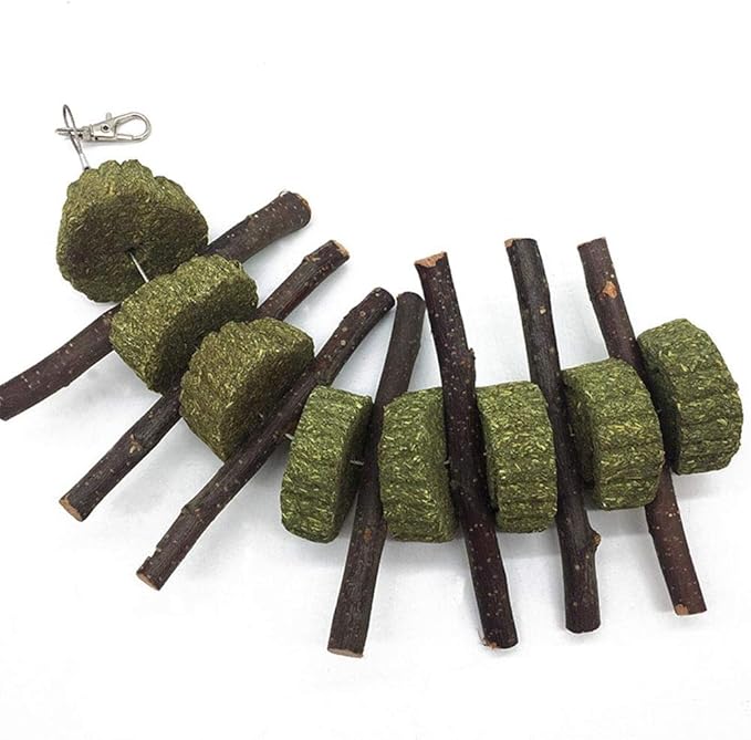 Bunny Chew Toys for Teeth, Organic Apple Wood Molar Sticks with Timothy Hay Circles for Bunny Chinchilla Guinea Pig Hamsters Holland Lop Prairie Dogs Squirrels Gerbils, Improves Dental Health