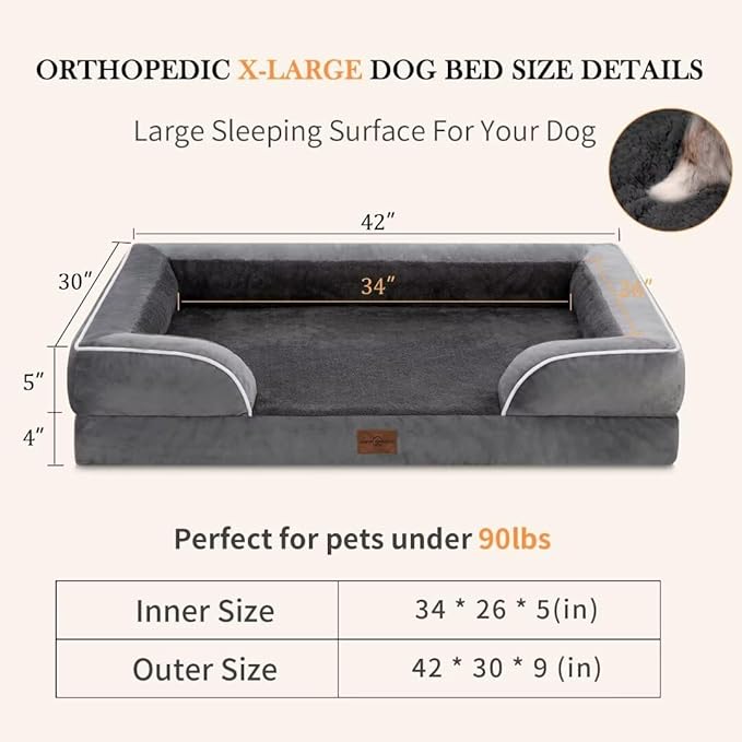 Comfort Expression Cooling Dog Bed, Memory Foam Orthopedic Dogs Beds for Extra Large Dogs, XL Dog Bed with Removable Cover, Waterproof Pet Beds Large with Bolster(X-Large,Leaden Grey)
