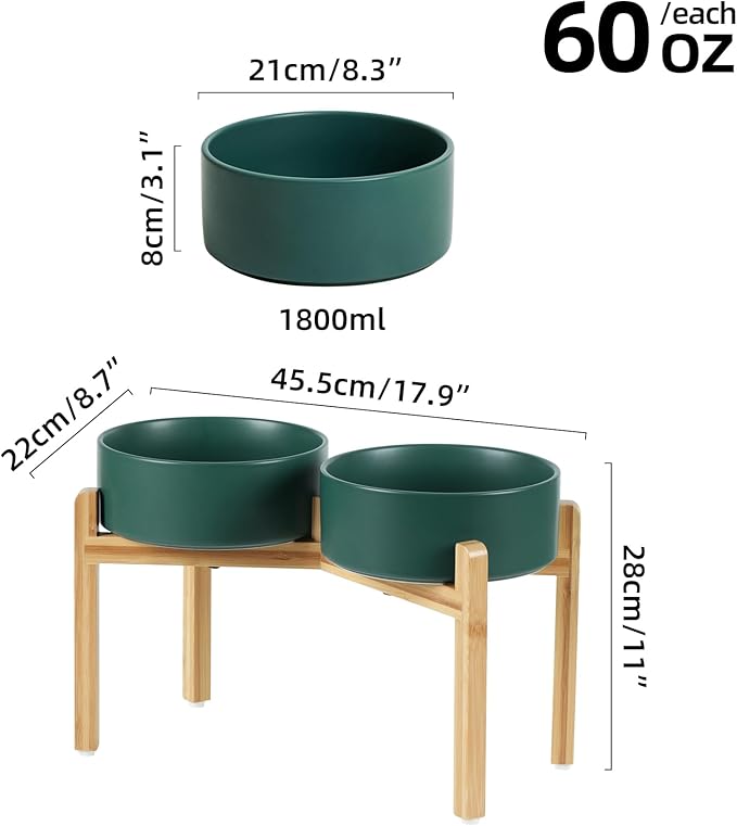 Ceramic Raised Double Bowls Set with Stand, Food & Water Bowls for Large Breed Dogs, Weighted Dog Dishes, Pet Bowl(8.2'',60OZ, Green)