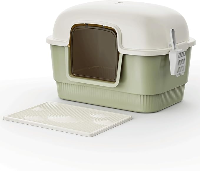 Cat Litter Box with Litter Mat and Scoop,High Wall Enclosed Cat Litter Boxes for Anti-Leakage, Covered Kitty Litter Box with Handle and Buckles for Portability and Privacy, Odor Control (Green)