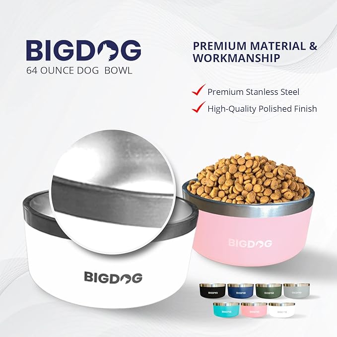 BIGDOG Large Dog Bowls, Stainless Steel, No Spill, 100 Ounce, Blue