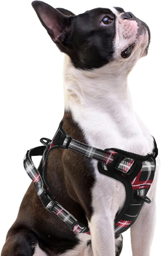 PUPTECK No Pull Dog Harness Small Sized, Adjustable Reflective Dog Harness with Handle Easy Control, Comfortable Soft Padded Pet Vest Harness for Small Dogs, Plaid Black S