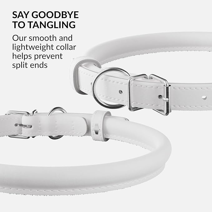 CollarDirect Rolled Leather Dog Collar, Soft Padded Round Puppy Collar, Handmade Genuine Leather Collar Dog Small Large Cat Collars 13 Colors (15-19 Inch, White Smooth)