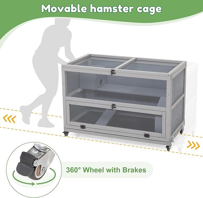 Coziwow Hamster Cage 35.4'' with Removable Ramps & Tray, Small Animals Hutch with Wheels & 2 Openable Doors, 3-Tier Wooden Cage for Dwarf Syrian Hamster, Mice, Rat, Rabbit