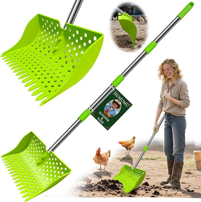 12-Inch 2-in-1 Chicken Poop Scooper & Rake – US Patent Pending – 3-Shape Sifting Holes Chicken Coop Rake，Stainless Steel Handle （20–61"）– Litter Scoop Sand & Sifting Shovel for Chicken Coops(Green)