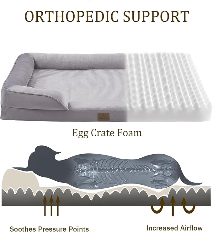 Bedfolks Orthopedic Dog Bed, Big Waterproof Dog Sofa Bed for Large Dogs, Egg Foam Pet Couch Bed with Removable Washable Cover and Nonslip Bottom, Light Grey