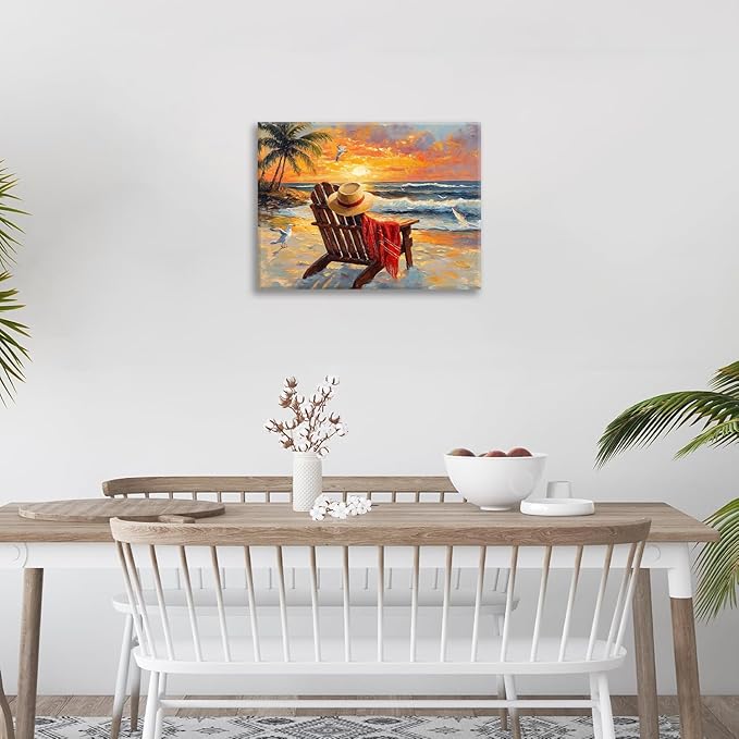 Beach Coastal Bathroom Pictures Wall Art, Seaside Ocean Bathroom Wall Decor, Sunrise Palm Framed Painting Canvas Artwork for Bedroom Living Room Decorations 16"L x 12"W