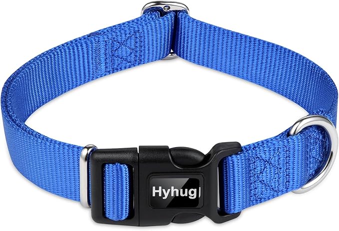 Hyhug Pets Solid Color Classic Regular Heavy Duty Basic Collar for Pup Dogs, Unique Design Adjustment Triglide Slide (Buckle) Can Attached Name Tag Accessories. (Small, Bright Blue)