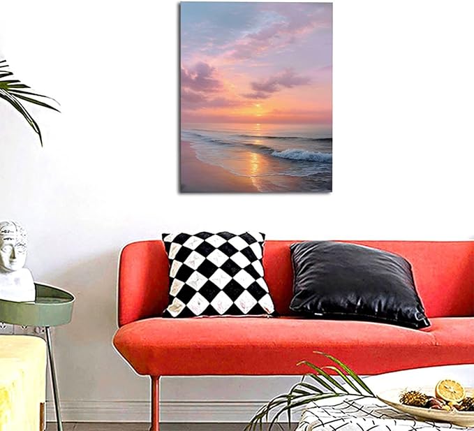 Beach Sunset Wall Art Ocean Coastal Scenery Wall Decor Seascape Picture Canvas Landscape Painting Print Framed Artwork Decorations for Living Room Office Bedroom Kitchen 16"x20"