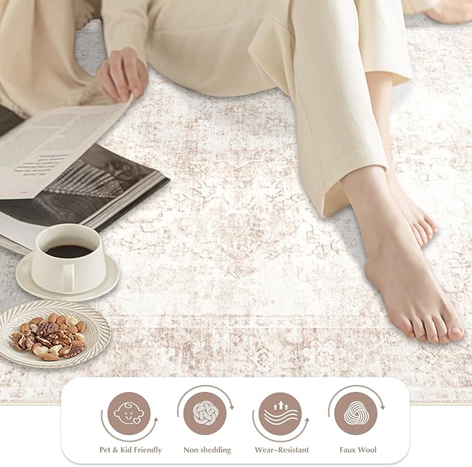 Vintage Living Room Area Rug - 6x9 Large Machine Washable Boho Moroccan Rug Distressed Farmhouse Rugs for Bedroom - Soft Non-Slip Indoor Carpet for Dining Room Office Nursery(Retro Beige, 6'x9')