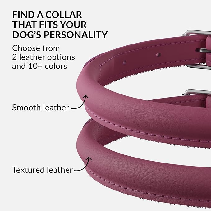 CollarDirect Rolled Leather Dog Collar, Soft Padded Round Puppy Collar, Handmade Genuine Leather Collar Dog Small Large Cat Collars 13 Colors (18-22 Inch, Pink Smooth)
