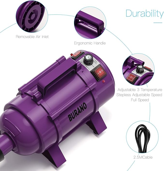 Burano Dog Dryer, High Velocity Pet Hair Dryer, 4.3HP Stepless Adjustable Speed Dog Hair Force Dryer for Dogs, Cats & More, Powerful Pet Blower with Heater
