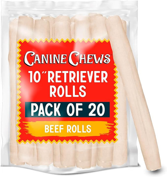 Canine Chews 10" Dog Rawhide Retriever Rolls - Bones for Large Dogs (20 Pack) - 100% USA-Sourced Natural Beef - Single Ingredient - Healthy Dental Chew
