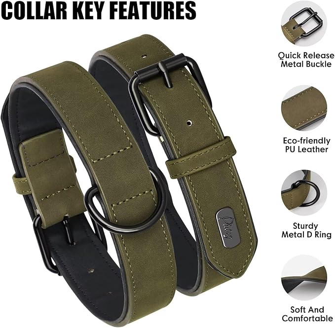 Didog Soft Padded PU Leather Dog Collar, Breathable and Adjustable Dog Collars for Medium Dogs, Comfortable for Daily Walk, Dark Green, L Fit Neck 13-17"(22-44 lbs)