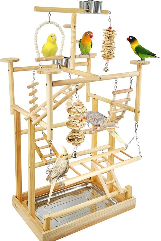 Bird Playground - Natural Wood Parrot Playstand with Perches, Bird Play Gym & Accessories, Removable Tray & 4 Stainless Steel Cups