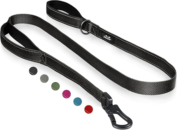 TwoEar 4FT 1IN Strong Black Dog Leash with 2 Padded Handles, Traffic Handle Extra Control, Comfortable Soft Dual Handle, Auto Lock Hook, Reflective Walking Lead for Small Medium and Large Dogs