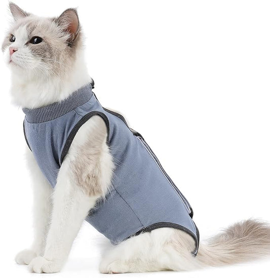 Cat Surgery Recovery Suit Cat Onesie for Cats After Surgery Spay Surgical Abdominal Wound Skin Diseases E-Collar Alternative Wear (Grey-Blue-S)