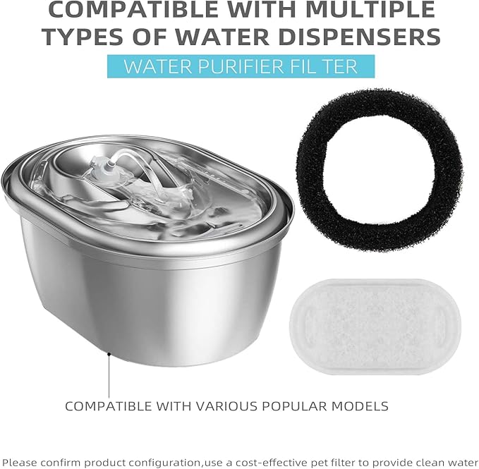 Cat Water Fountain Filter Compatible with Stainless Steel Dispenser, Efficient Filtration with Coconut Shell Activated Carbon and Fresh Water (8 Filters+8 Sponges)