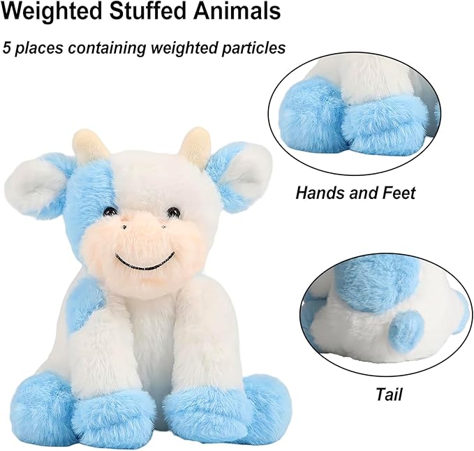 Blue and White Cow Weighted Stuffed Animal 20cm/7.87in Cute Sitting Cow Plush Toy with Smile Soft Fluffy Small Farm Plushie for Kids Adults Birthday Festival Gift Bed Home Office Decor Toys