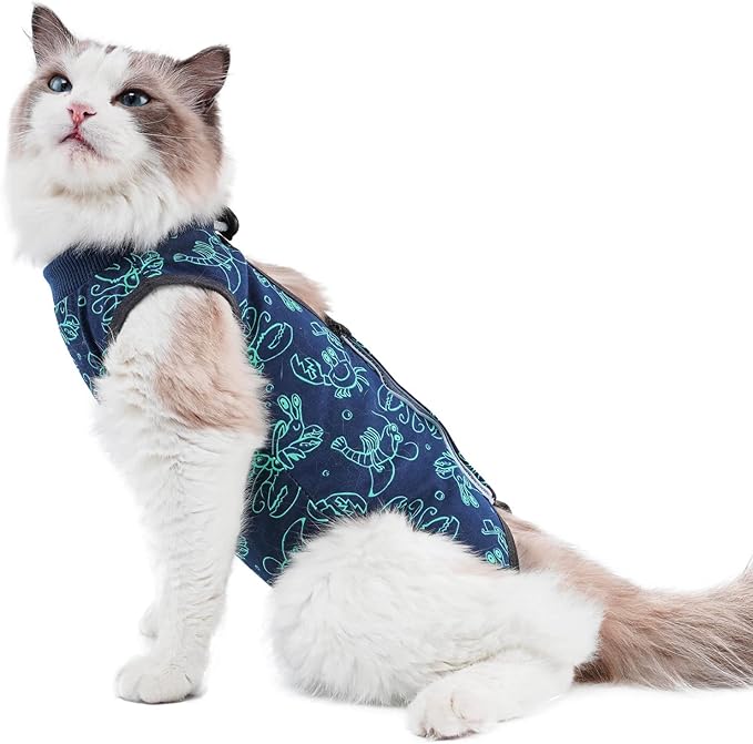 Cat Surgery Recovery Suit Cat Onesie for Cats After Surgery for Surgical Abdominal Wound Or Skin Diseases E-Collar Alternative Wear Neutering Bodysuit Wear (Dark-Blue-L)