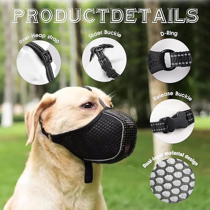 Dog Muzzle, Mesh Soft Muzzle for Small Medium Large Sized Dogs, Breathable Adjustable Puppy Muzzles for Scavenging Biting Licking and Chewing, Allows Panting and Drinking(Reflective Mesh, XXL)