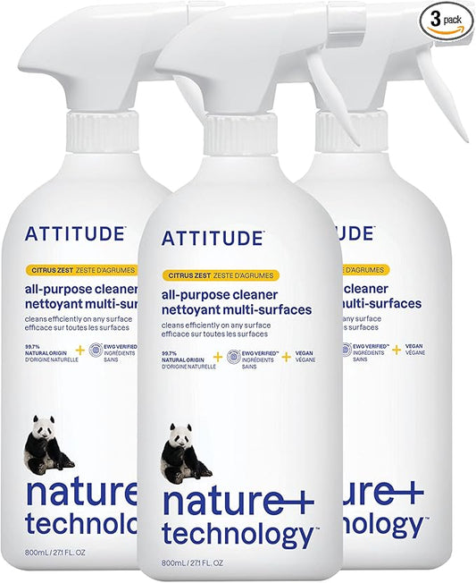 ATTITUDE All Purpose Cleaner Spray, EWG Verified, Vegan, Made with 94% Plant-Based Ingredients, Streak-Free for Kitchen, Bathroom, Glass & More, Citrus Zest, 27.1 Fl Oz (Pack of 3)