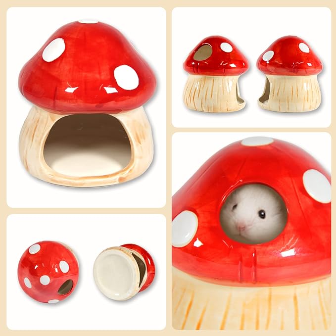 Ceramic Mushroom Guinea Pig House Hamster Hide Bed Includes Hamsters Food Bowl Guinea Pig Hideout for Hamster Chinchilla Hedgehog Rat Small Animals(Red Mushroom Set)