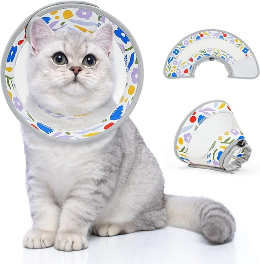 Breathable Air Mesh Cat Cone Collar Soft to Stop Licking, Adjustable, Foldable Lightweight Kitten Cones After Surgery Recovery for Cats & Kittens (Flower,L)