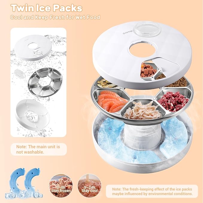 Automatic Cat Feeder Wet Food, Battery Operated Auto Feeder with 2 Ice Packs, Digital Cordless Pet Fresh Food Bowl with Timer and Memory Function for Cats Small Dogs (6-Meal Stainless Steel)