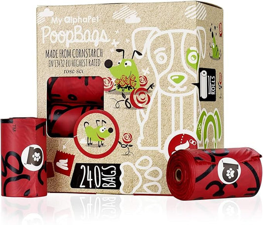 Compostable Dog Poop Bags, Cornstarch Eco-Friendly, HOME COMPOST NF T 51-800, 240 Count, Large Size Bag 9x13 Inches, 16 Unscented Refill Rolls, Leak-proof, Plantbased, GM-Free Corn (Red)