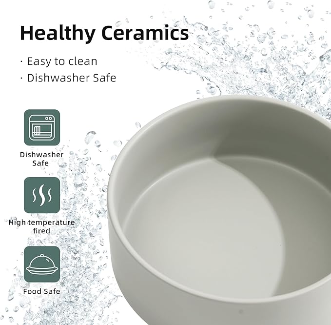 Ceramic Raised Double Bowls Set with Stand, Food & Water Bowls for Large Breed Dogs, Weighted Dog Dishes, Pet Bowl(8.2'',60OZ, Grey)