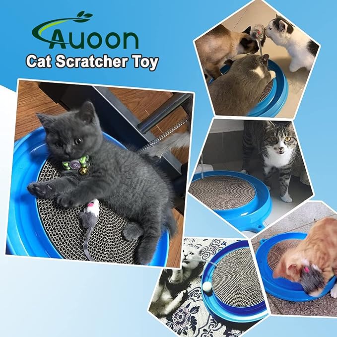 AUOON Cat Scratcher Toy - Cat Scratch Pad with Cat Toy Ball Track and Plush Mouse Toy for Indoor Cats and Kittens (Blue)
