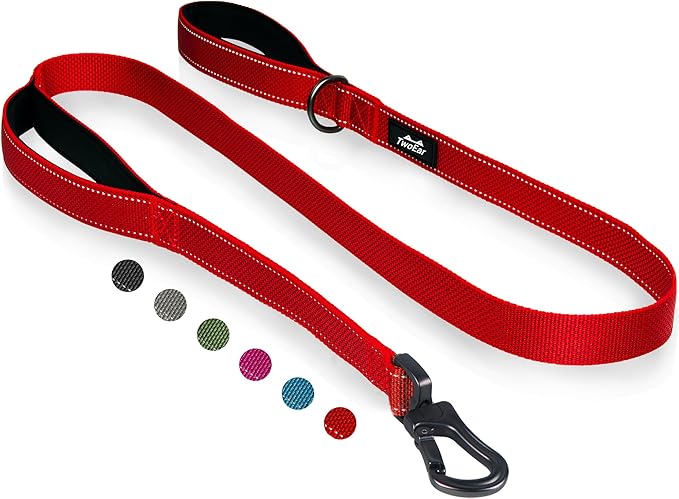 TwoEar 4FT 1IN Strong Red Dog Leash with 2 Padded Handles, Traffic Handle Extra Control, Comfortable Soft Dual Handle, Auto Lock Hook, Reflective Walking Lead for Small Medium and Large Dogs