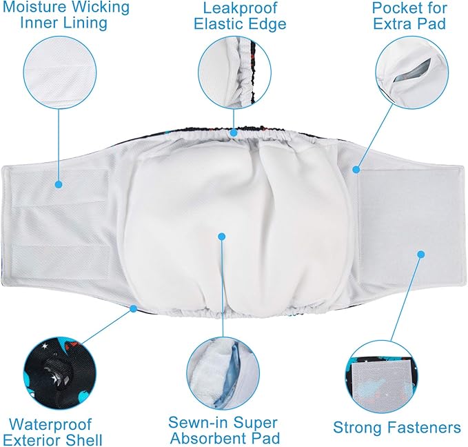 CuteBone Dog Diapers Male Washable Belly Band for Male Dogs Wraps 3pcs a Pack DM28M