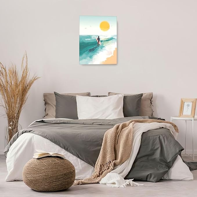 Beach Surfing Wall Art Ocean Coastal Wave Canvas Wall Decor Summer Nature Seascape Pictures Painting Print Framed Artwork Decorations for Bathroom Living Room Office Bedroom 16"x20"