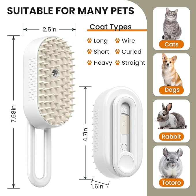 Cat Steam Brush for Shedding, Pet Steam Brush for Cats and Dog, 4 in 1 Rechargeable Cat Hair Brush, Spray Anti-Static, Massage, Cleaning, Shedding & Combing All In One, for Long & Short Haired Pets!