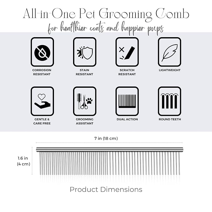 Flexzion Pet Grooming Comb Stainless Steel Cats Dogs Puppy Medium Animals Hair Fur Trimmer Deshedding Brush Accessory Tool with Smooth Teeth Needle Durable Lightweight